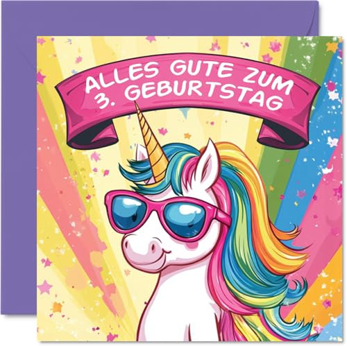 Stuff4 3. Geburtstagskarte Mädchen - Coole Einhorn Sonnenbrille - Geburtstagskarten Kinder 3 Jahr Mädchen Tochter Nichte Enkelin Schwester, 145mm Drei Dritte Geburtstag Glückwunschkarten