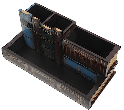 DIYEAH Pen Pencil Holder Practical Wooden Cup Pot with Vintage Book Design for Classroom and Study Desk Organization