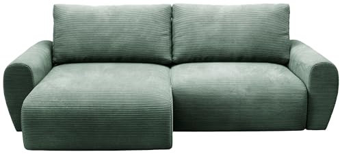 BROMARKT - Sofa mit Schlaffunktion - Schlafsofa Pati - Ecksofa L-Form Sofa - Modern Design Couch - Kordstoff - Freistehend - mit Bettzeugbehälter - 253x153x85cm - Grün