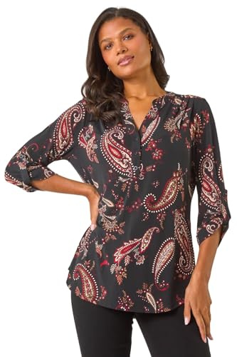 Roman Shirt for Women UK Ladies Top Collarless Blouse Stretchy Tunic Smart Casual Autumn Winter Jersey 3/4 Length Sleeve Notch V Neck Flattering Office Work - Size 10 - Red Noir