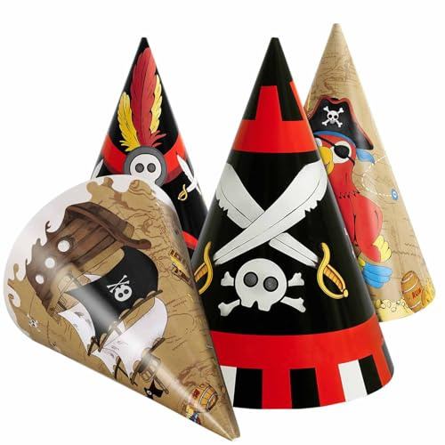 WERNNSAI Pirate Party Hats - 12 PCS Kids Pirate Party Supplies Paper Cone Hats for Kids Boys Birthday Headwear Decoration