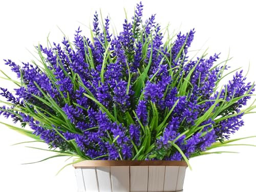 Kinisty 12 Bundles Artificial Flowers Outdoor Faux Lavender Plants, Decorative Plastic Shrubs Fake Flowers for Indoor Outside Planters Garden Window Boxes Decoration, Purple