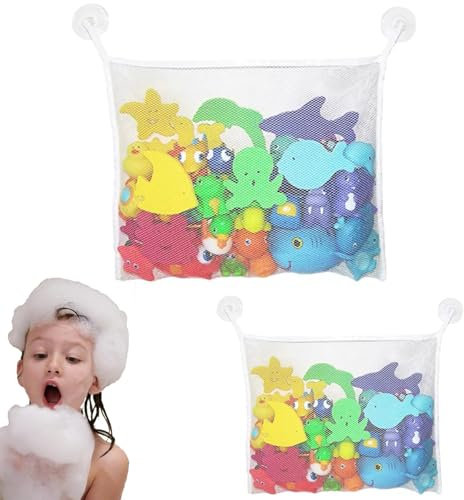 Bath Toy Storage, 2 Pcs Bath Toy Net, Bath Toy Organizer Bathroom Storage Net, With four Suction Cups For Baby, Keep Kids Bathtub Toys Dry & Bacteria Free (White)