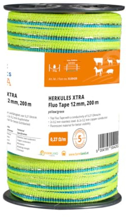 Farmland Herkules Xtra Power Weidezaunband - 200 Meter Weidezaun Band mit 0,27 Ohm/m Widerstand - Robustes Weideband mit NIRO und Aluleitern - 12 mm breites Weidezaun Breitband für alle Tierarten