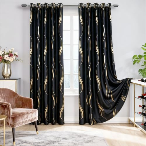 MYRU Lot de 2 panneaux rideaux occultants de luxe à rayures pour chambre et salon (noir et doré, 2 x 168 x 241 cm)