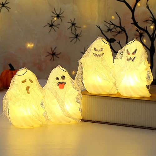 GioXtra Halloween-Dekoration – 4 Stück weißer Geist mit Spinnennetz, LED-Nachtlicht, gruselige Figuren, Statue, Festival-Lampe, Tischdekoration, hängende Dekorationen für Zuhause, Garten, Zimmer