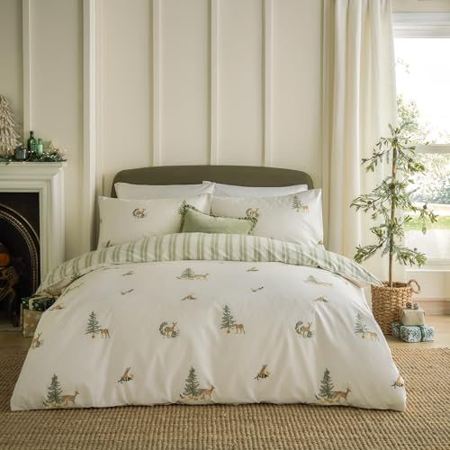 furn. Wylder Charlecote Duvet Cover Set (Green/Natural - Double) | Reversible 100% Cotton Striped Woodland Nature Animals Bedding