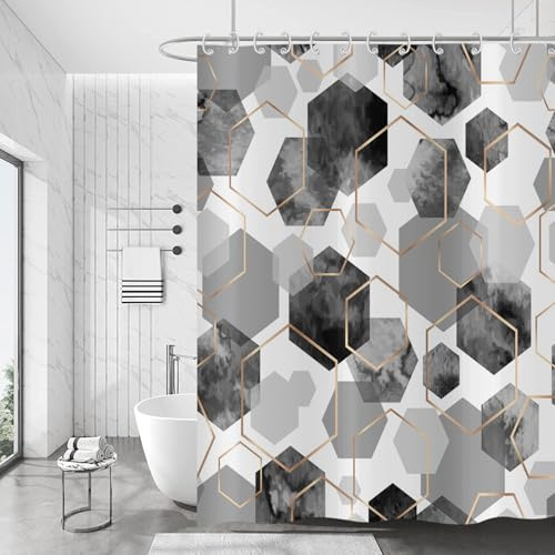 Hnmdmyi Duschvorhang Grau 180x220, Moderne Geometrische Sechseck Abstrakte Kunst Badewanne Vorhang Wasserdicht Polyester Stoff Waschbar Badevorhang für Badezimmer mit Haken