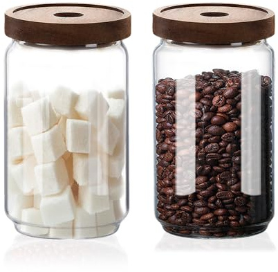 PENGSHU Glass Jars with Airtight Wood Lids - 750 ML Kitchen Pantry Storage Containers, Decorative Vase Canister for Coffee Bean, Sugar, Spice, Cereal, Salad, Oats, Cookie, Candy, Tea, Nuts, Set of 2