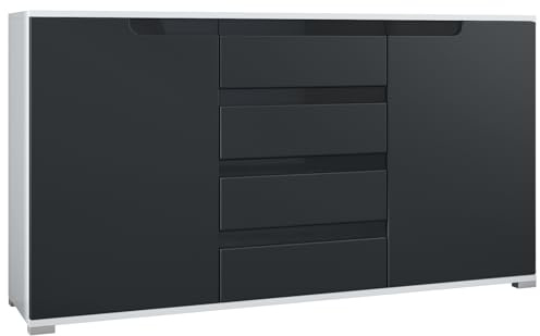 Vladon Sideboard Sylt V1, Kommode mit 2 Türen und 4 Schubladen, Korpus - Weiß matt/Front - Schwarz matt/Absetzung - Schwarz Hochglanz (138,5 x 75,5 x 35 cm)