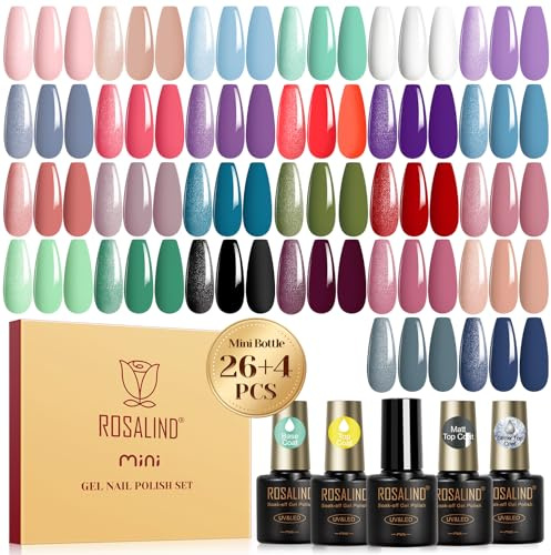 ROSALIND 30PCS Gel Nail Polish Set with Glitter Glossy Matte Top Coat | 26 Colors White Red Green Nude Gel Polish Set Starter Kit, Soak Off UV LED Mini Nail Art Manicure Salon DIY Gift
