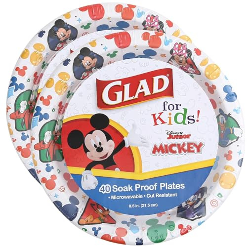 Glad Lot de 2 assiettes jetables en carton pour enfants Disney Mickey & Friends – Robustes, résistantes à la trempe, passent au micro-ondes, adaptées aux enfants pour un usage quotidien, 21,6 cm, 40