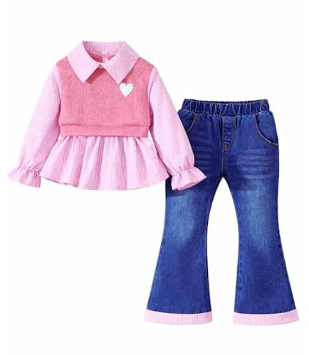 OrJana Completo Bambina 2 Pezzi Primavera Autunno, Camicetta a Righe con Gilet Cuore e Jeans a Zampa, Stile Preppy