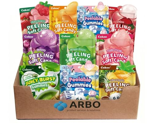 Cokoc Peeling Candy | 10er Mix-Pack | Schälbare Fruchtgummis & Juicy Burst Matcha | Halal | 0 Fat | Mango, Lychee, Grape & mehr | 3D Süßigkeiten | 705g