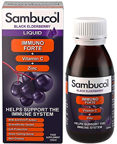 Sambucol Natural Black Elderberry Immuno Forte, Vitamin C, Zinc, Immune Support Supplement Liquid, Syrup, 120 ml (Pack of 1)