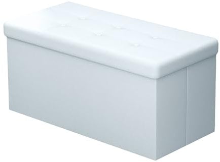 Cadorabo Intirilife Faltbare Sitzbank 78x38x38 cm in OPALIN Weiss - Sitzwürfel mit Stauraum und Deckel aus Kunstleder mit Polsterknöpfen - Sitzcube Fußablage Aufbewahrungsbox Truhe Sitzhocker