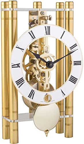 Hermle Skelett-Tischuhr mit eloxierten Aluminiumsäulen - Rechteck 23020-500721, römisches Zifferblatt Druck, Gold, Werk Messing, 19,5cm x 11cm x 6cm