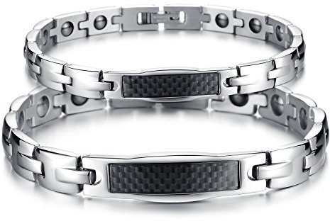 JewelryWe Valentinstag Schmuck 2pcs Herren Damen Magnetarmband, Lieben Freundschaftsarmband, Magnet Partner Armband aus Edelstahl Kohlenstoff Faser, Schwarz Silber, kostenlos Gravur