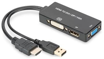 DIGITUS HDMI Grafik Adapter, HDMI Typ A zu DP + DVI-I (24+5) + VGA, 4K Ultra HD 30Hz, Schwarz