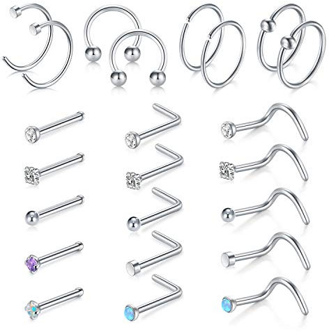 D.Bella 18G Nasenpiercing 316L Chirurgenstahl Nasenringe Nasenstecker L Förmig Spirale Nase Stecker mit Strass Nasenpiercing Schmuckset 23Stk Silber Farbe