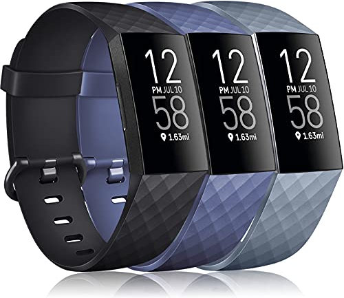 Vancle 3 Pack Kompatibel für Fitbit Charge 3 Armband/Fitbit Charge 4 Armband, Klassisch Sport Verstellbares Ersatzarmband für Fitbit Charge 3/Fitbit Charge 4 (Schwarz/Marine Blau/Blau Grau, L)