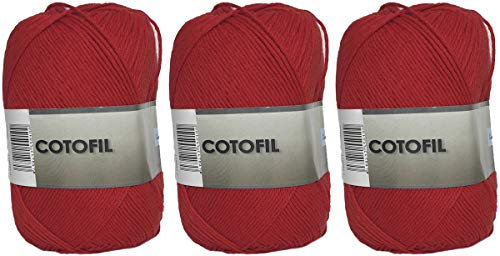 Hanselhome Garnknäuel aus Cotofil 100% Baumwolle perfekt zum Basteln und Handstricken Farbe rot 100 g, ca. 220 Meter Packung mit 3 Stk