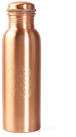 Bodhi Bouteille en cuivre | Ayurveda Gourde en cuivre pur | Bouteille avec finition design | Volume : 800 ml | Bouteille d'eau avec bouchon à vis et joint en silicone | Fleur de vie