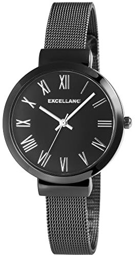 Excellanc Damen-Uhr Edelstahl Meshband Hakenverschluss Analog Quarz 1300036 (schwarz silberfarbig)
