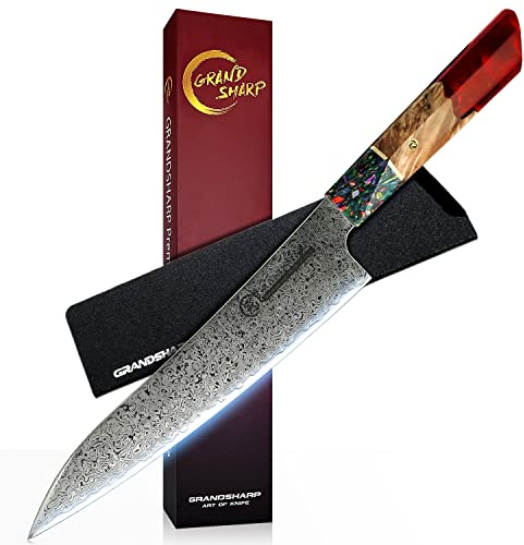 GRAND SHARP Damastmesser Kochmesser 22cm Profi Messer Extra Scharfe Japanisches Messer VG-10 67 Schichten Damaststahl Küchenmesser mit Harzgriff [Geschenkbox]
