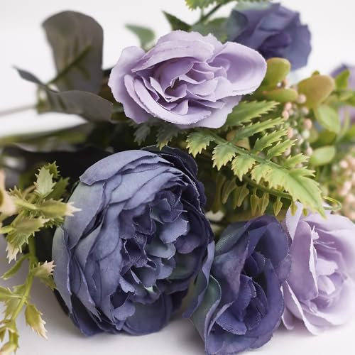 The Baked Studio – Silk Artificial Flower Bouquet (Peony Rose Hydrangea Foliage) – Realistic Fake Plant for Cake Decoration, Home Décor, Weddings, DIY and Crafts (Blue)