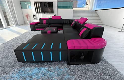 Wohnlandschaft Bellagio XXL Leder Couch mit Kopfstützen Ledersofa LED Licht Sofa mit Ottomane (Ottomane rechts, Schwarz-Pink)