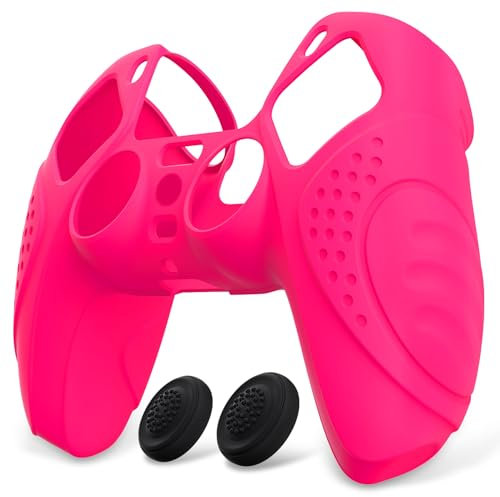 eXtremeRate PlayVital Funda de Silicona para ps5 Mando - Carcasa Protectora Suave y Antideslizante con 2 Tapas de Joystick, Compatible con DualSense, Accesorio para ps5 (Edición Guardian-Rosa Vivo)