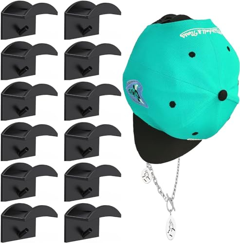 SHAOUMAN Hat Hooks Adhesive Baseball Cap Storage Simple Cap Hooks Display Rack Room Decoration Hat Rack Can be Used to Hang Necklaces, Baseball Caps Hat Holder(12 Pcak,Black)