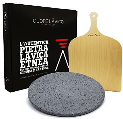 CUORE LAVICO Kit placa refractaria de piedra volcánica étnica redonda para pizza diámetro 33 cm + pala – 1 cm de grosor compatible con horno Illello – Fabricado en Italia