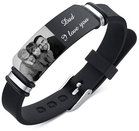 kaululu Personalisiert Armband für Herren Armbander mit Foto Namen Gravur Mesh Silicone Armband Schwarz Geschenke für Vatertag/Valentinstag/Geburtstag/Weihnachten