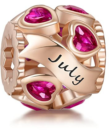 NINGAN July Birthstone Charms Rose Gold 925 Sterling Silver Love Heart Bead for Charm Bracelets and Necklaces with 5A Cubic Zirconia, Birthday Gifts