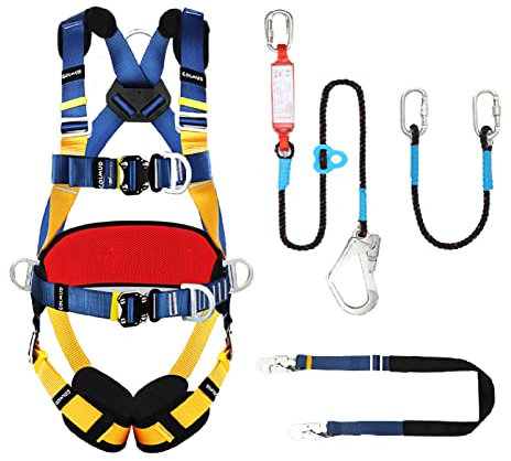 Auffanggurt Set mit Seil, Fallschutzgurt xxl,mit Verstellbar Verbindungsmittel, 5 Punkt Absturzsicherung Dachdecker 150kg mit Beinpolster Klettergurt Set für BäUme mit StangengüRtel B