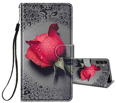 HopMore Handyhülle für Samsung Galaxy A54 5G Leder Hülle, PU Lederhülle Klappbar Hülle Flip Case Schutzhülle mit Motiv für Samsung A54 5G Klapphülle Stoßfest Handytasche Cover, Rose/Grau