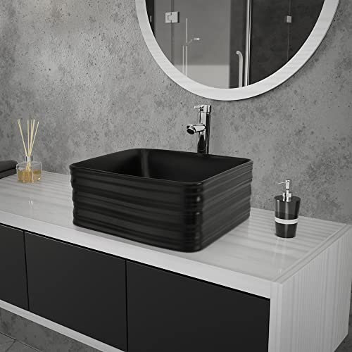 ML-Design Lavabo in Ceramica Nero 39 x 39 x 15 cm Quadrato Lavandino da Appoggio Lavello Design Moderno Elegante Sanitari per Bagno Scarico Standard 45 mm Resistente ai Graffi