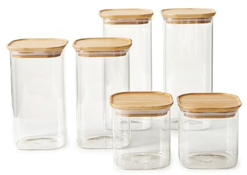 Betty Bossi Vorratsdose Glas verschiedene Größen 6er-Set Universell Silikon Bambus Borosilikatglas Luftdicht Platzsparend Stapelbar Lebensmittelecht Transparent Braun