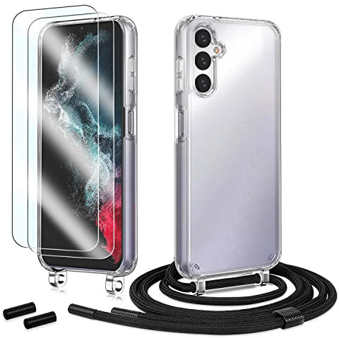 Anshow Handykette für Samsung Galaxy A14 5G Hülle mit Band + 2 Schutzfolie, Robust Necklace Extrem Stoßfest Handyhülle für Samsung A14 Case Transparent Schutzhülle zum Umhängeband Abnehmbar, Schwarz