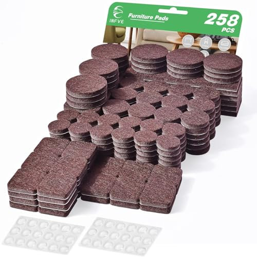 INFVE Filzgleiter Selbstklebend Braun, 258 Stück – 5mm Premium Filz Pads in Eckig und Rund – Bodenschutz und Möbelschutz – 222 Dicke Pads + 36 Stoßstangen für Stühle und Möbel