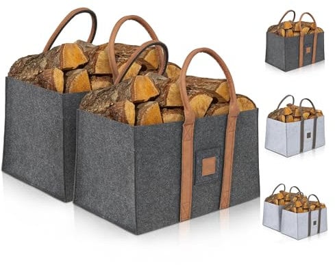 OAKAGE® Einkaufstaschen Faltbar [2er Set] Filztaschen Shopper Holzkorb für Kaminholz Groß Kaminholzkorb Filzkorb Feuerholzkorb Brennholzkorb Kaminkorb Kaminholztaschen | Korb Dunkelgrau
