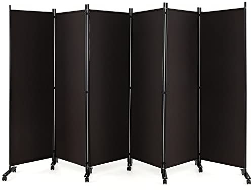 GOPLUS Paravent Pliable 6 Panneaux avec Roues, Brise Vue Intérieure et Extérieure avec Support en Métal,Paravent de Chambre Retractable 334,5x172CM, pour Salon, Chambre, Hôpital (Marron)