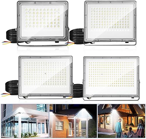 Herrselsam LED Strahler, 4x50W LED Scheiwerfer Superhell 4950LM 6000K Kaltweiß, LED Aussenstrahler IP65 Wasserdicht für Sportplatz, Außen & Innen LED Fluter (Kein Stecker)