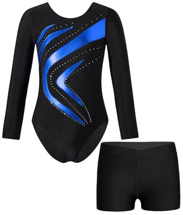 JanJean Kinder Mädchen Gymnastikanzug Glänzend Ballettanzug Langarm Turnanzug Ballett Trikot mit Kurze Hose Wettbewerb Tanzkostüm Y Dunkelblau 146-152