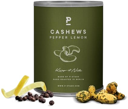 P-STASH Cashew Pfeffer Zitrone, Edle Cashewkerne 55g, fettfreie Trommelröstung, Nussmischung mit einzigartigen Gewürzkombinationen, Premium Nuts made in Berlin