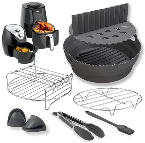 9 Pcs Premium Ninja Air Fryer Accessories, Collapsible Round Silicone Air Fryer Liner, Design to fit AF100UK, AF160UK, Ninja 15 in 1 Multicooker, 3.8L & Above Round Air Fryer, 2.6mm Thickness (Black)