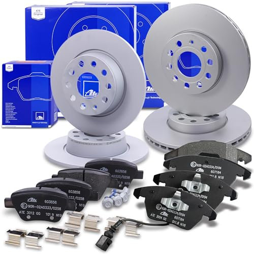 ATE Bremsenset inkl. Bremsscheiben vorne Ø 288 mm belüftet + hinten Ø 272 mm voll und Bremsbeläge vorne + hinten und Warnkontakt Kompatibel mit AUDI, SEAT LEON, SKODA OCTAVIA, VW BEETLE, CADDY, GOLF