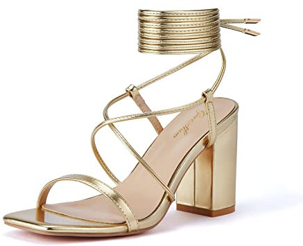 GENSHUO Women's Lace-Up Sandals with Open Square Toe and Block Heel, Summer Bridal Shoes for Wedding, Gold B, UK 7